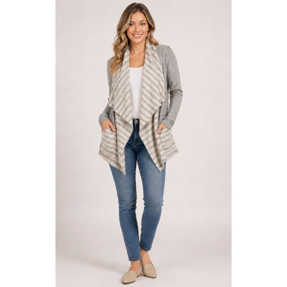 Lucky Brand Sweater Cardigan Womens Medium Gray Ivory Silver Cotton Wool Blend
